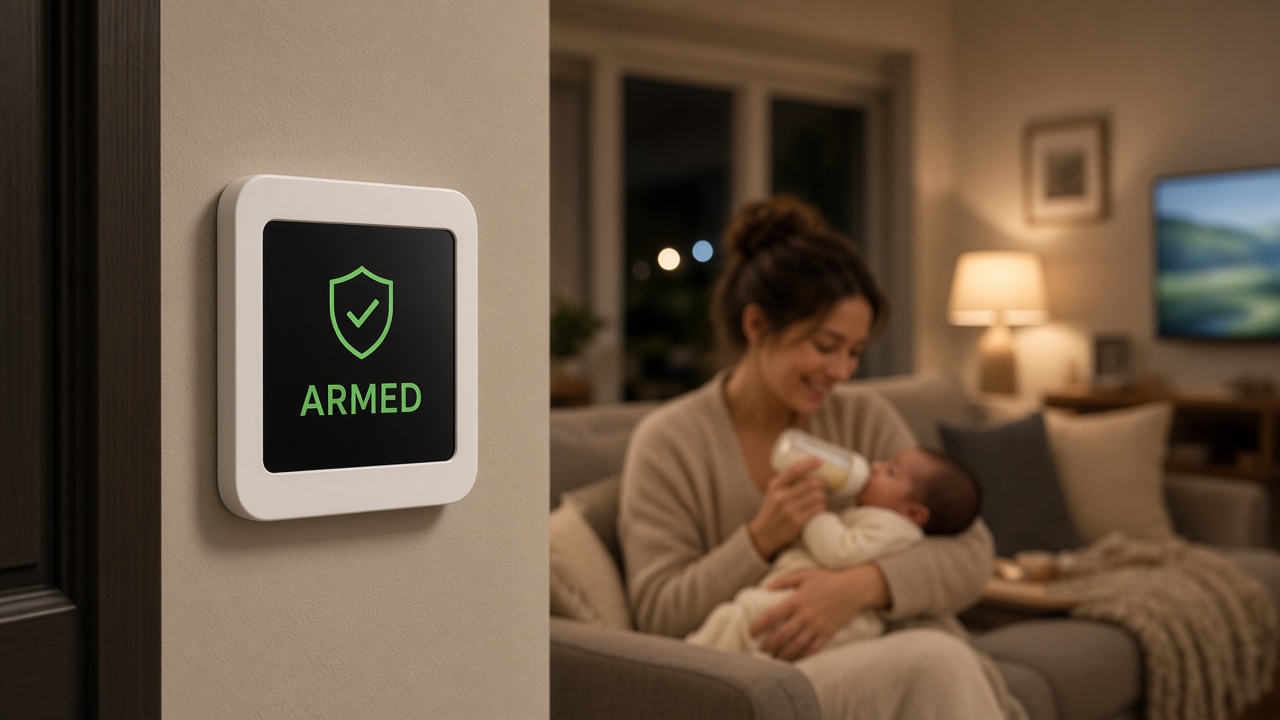 A security panel showing Armed on the wall while a mother feeds her newborn on the living room couch
